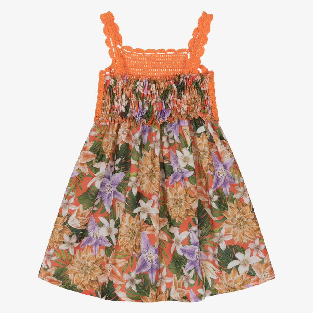 Selini Action-Girls Orange Crochet & Floral Print Dress | Childrensalon