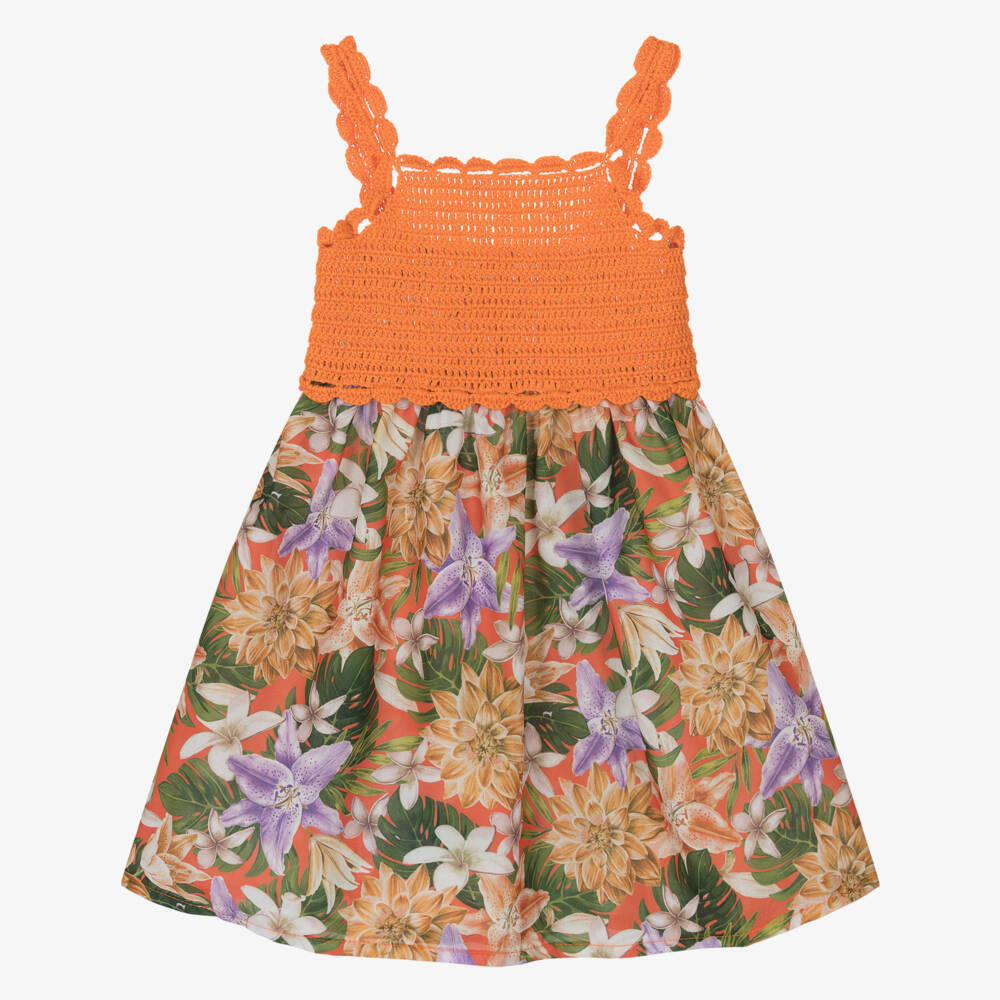 Selini Action-Girls Orange Crochet & Floral Print Dress | Childrensalon