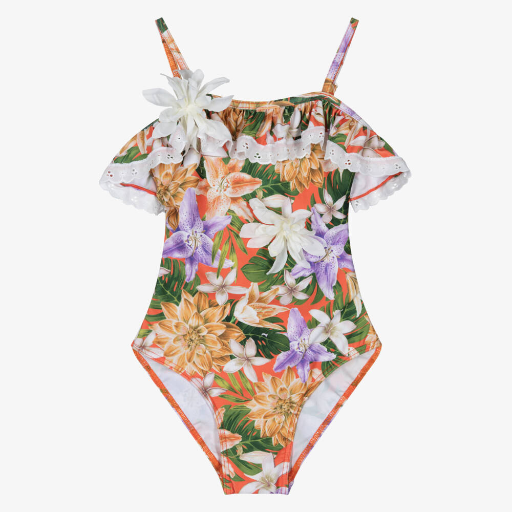 Selini Action-Girls Orange Floral Print & Ruffle Trim Swimsuit | Childrensalon