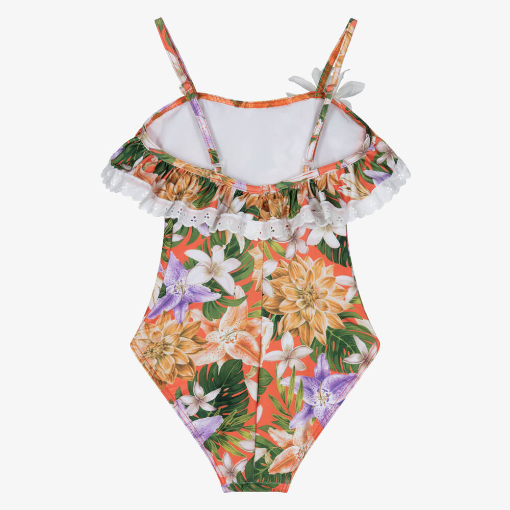 Selini Action-Girls Orange Floral Print & Ruffle Trim Swimsuit | Childrensalon