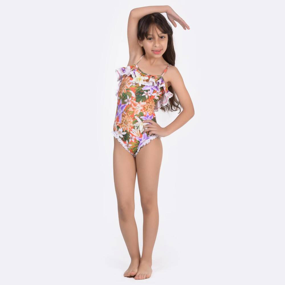 Selini Action-Girls Orange Floral Print & Ruffle Trim Swimsuit | Childrensalon