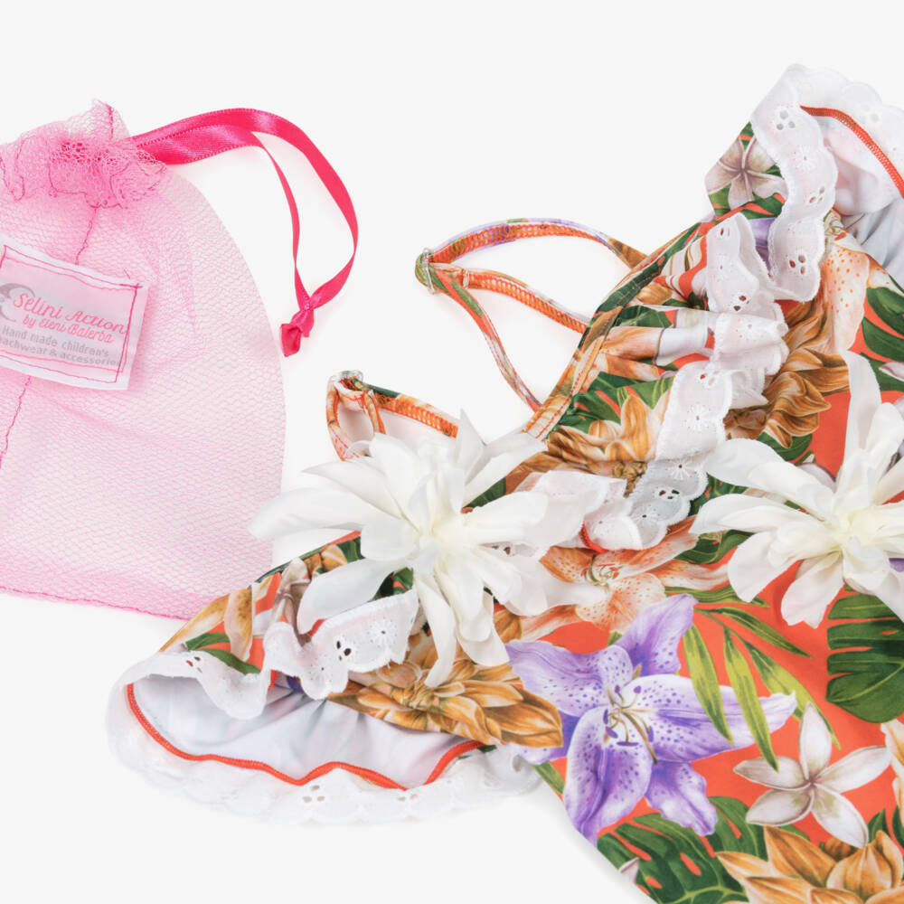 Selini Action-Girls Orange Floral Print & Ruffle Trim Swimsuit | Childrensalon