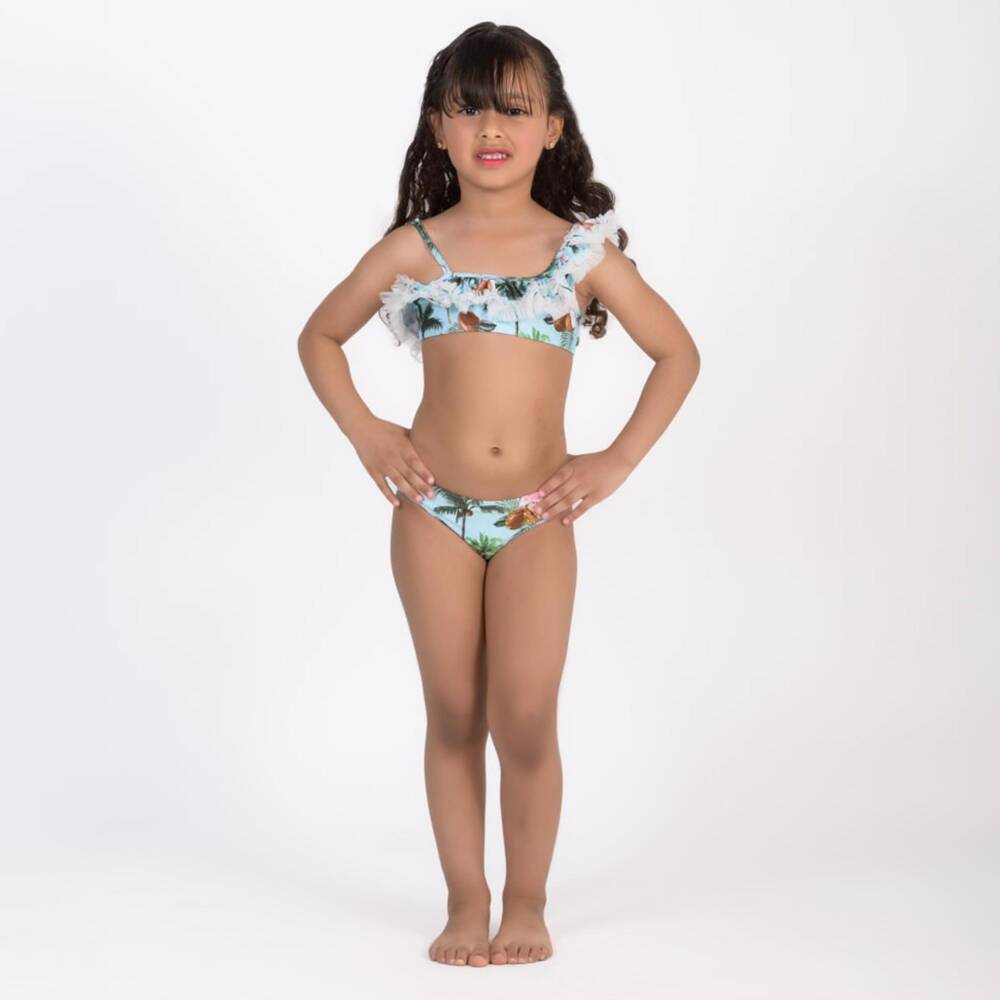 Selini Action-بيكيني بطبعة جوز الهند وكشكش لون أزرق فاتح للبنات | Childrensalon
