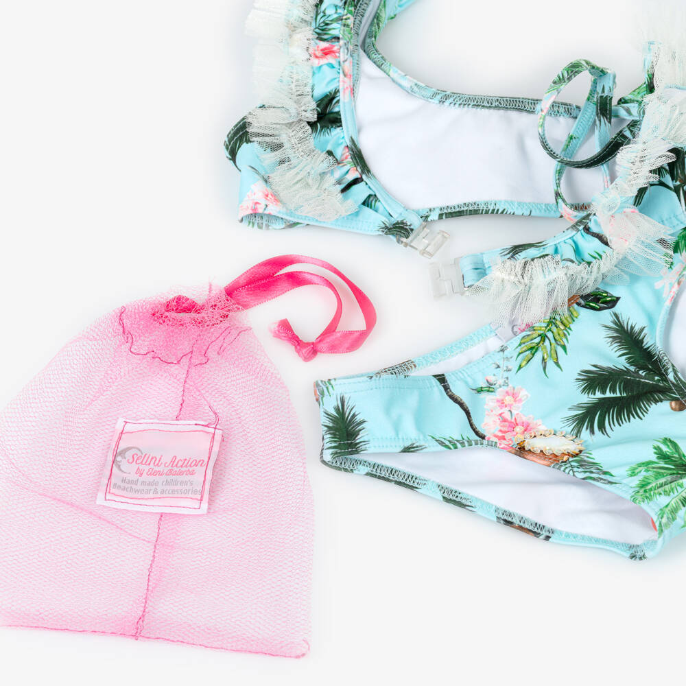 Selini Action-بيكيني بطبعة جوز الهند وكشكش لون أزرق فاتح للبنات | Childrensalon