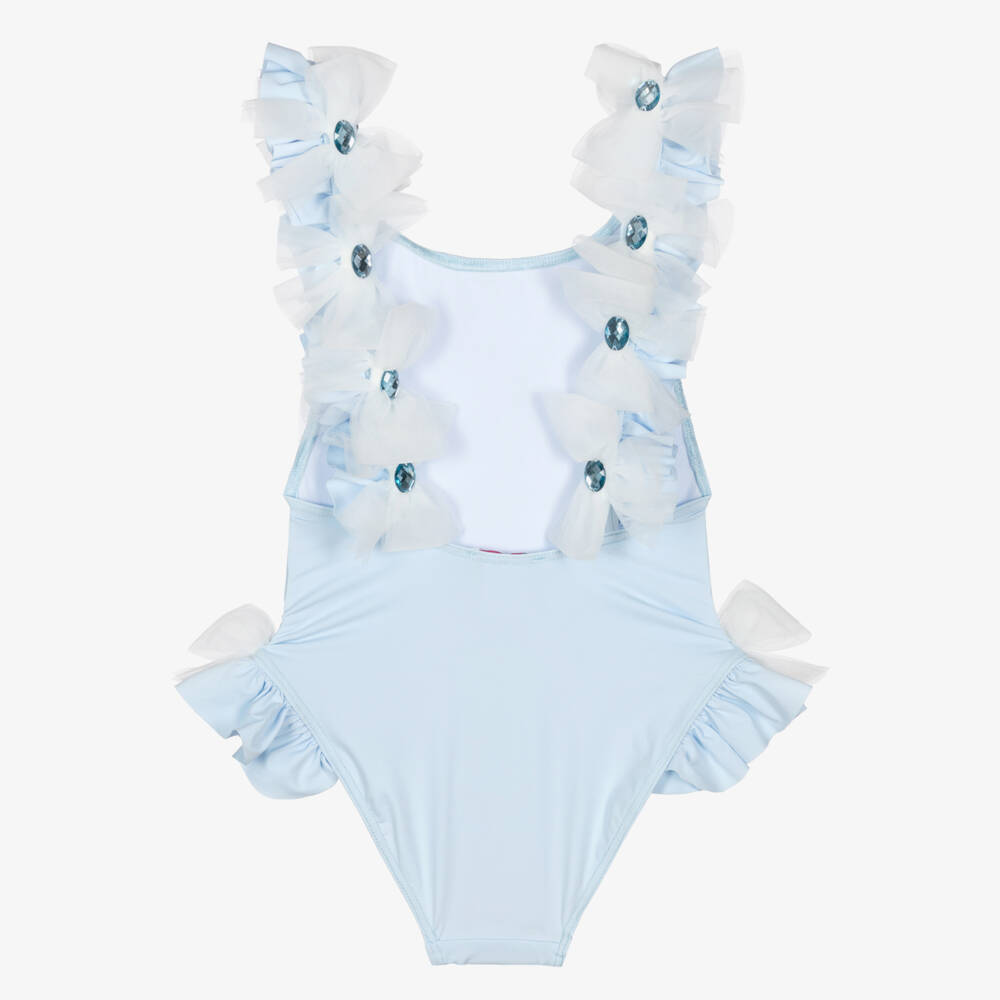 Selini Action-Купальник голубой с тюлем и бантиками из стразов для девочек | Childrensalon