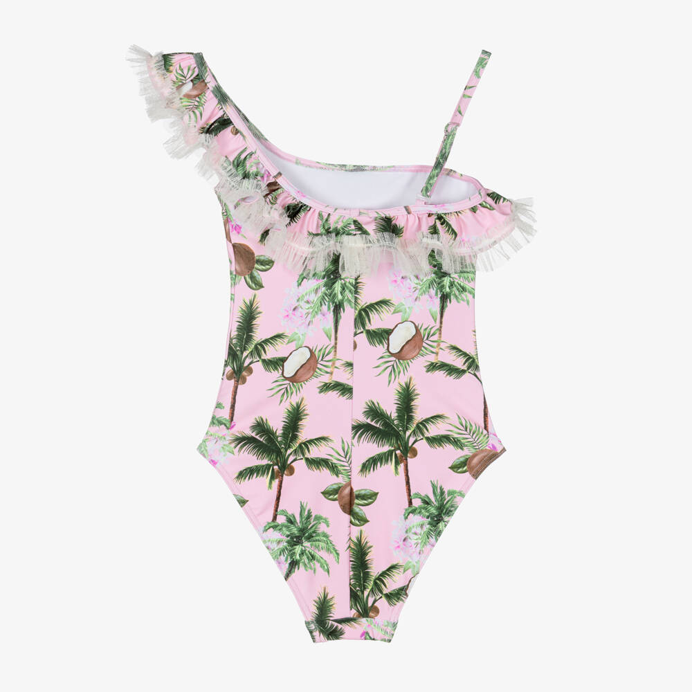 Selini Action-Girls Pale Pink Coconut Print Swimsuit with Ruffles | Childrensalon