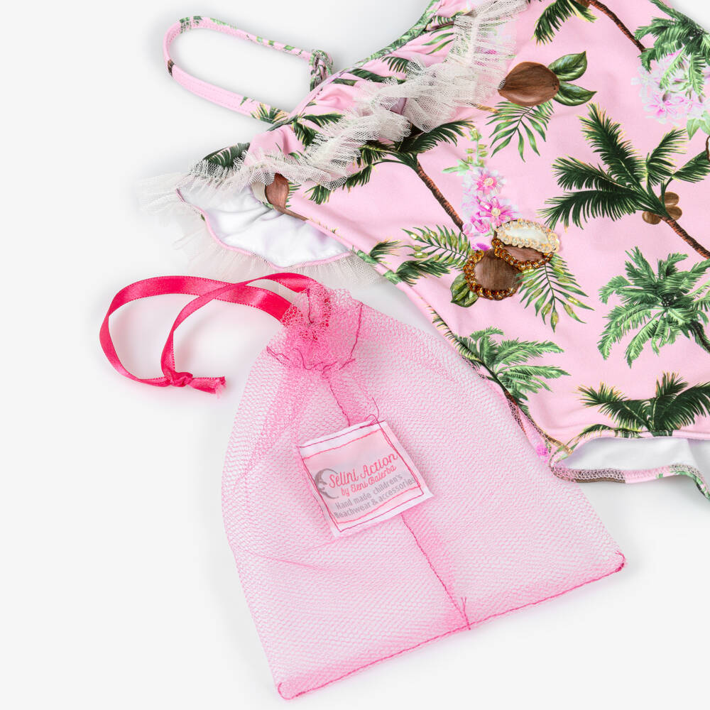 Selini Action-Girls Pale Pink Coconut Print Swimsuit with Ruffles | Childrensalon