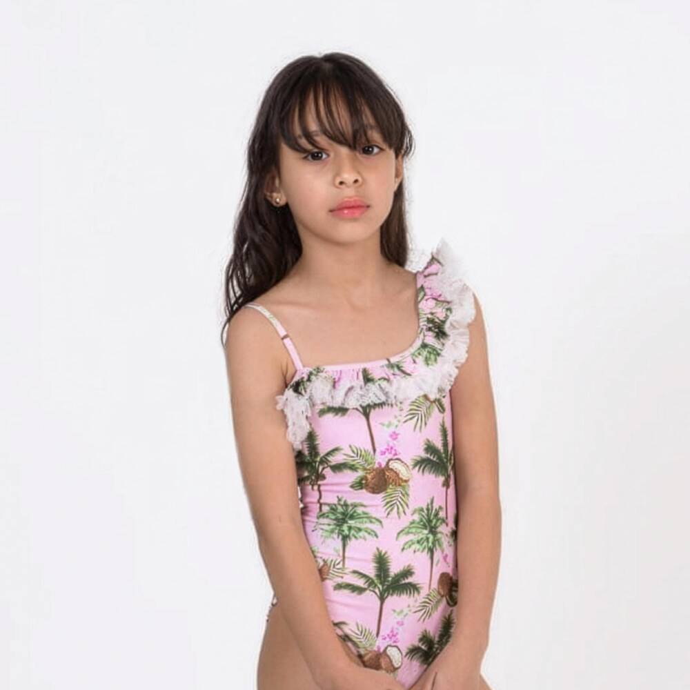 Selini Action-Girls Pale Pink Coconut Print Swimsuit with Ruffles | Childrensalon