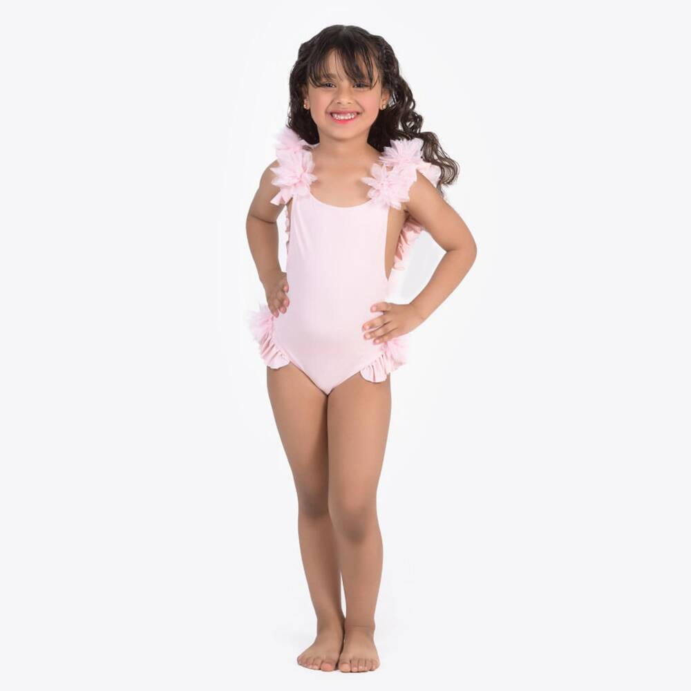Selini Action-Girls Pale Pink Ruffle & Tulle Flower Swimsuit | Childrensalon