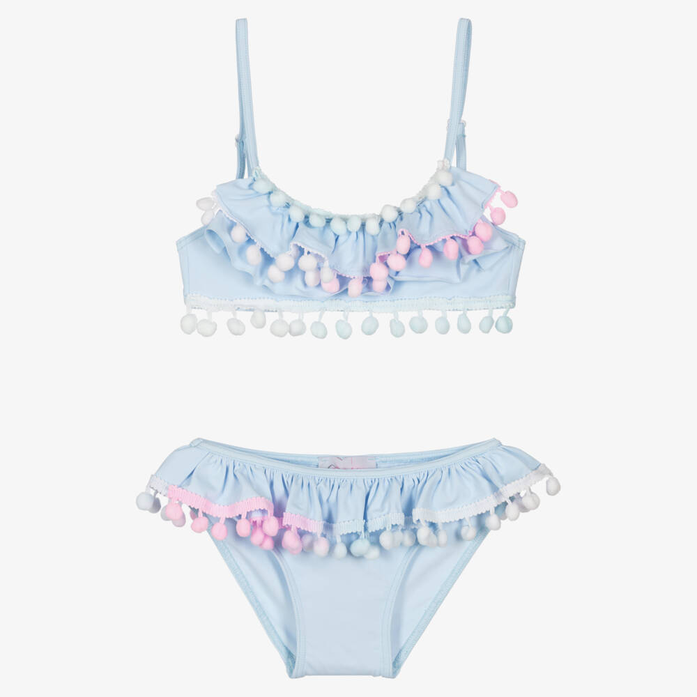 Selini Action-Купальник бикини пастельно-голубой с помпонами для девочек | Childrensalon