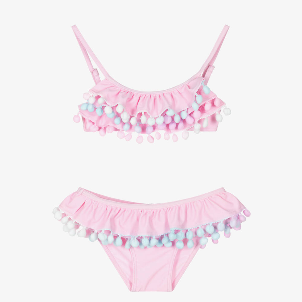 Selini Action-Girls Pastel Pink Bikini with Pom-Pom Trim | Childrensalon
