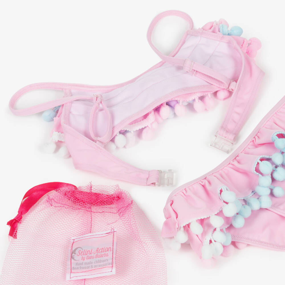 Selini Action-Girls Pastel Pink Bikini with Pom-Pom Trim | Childrensalon