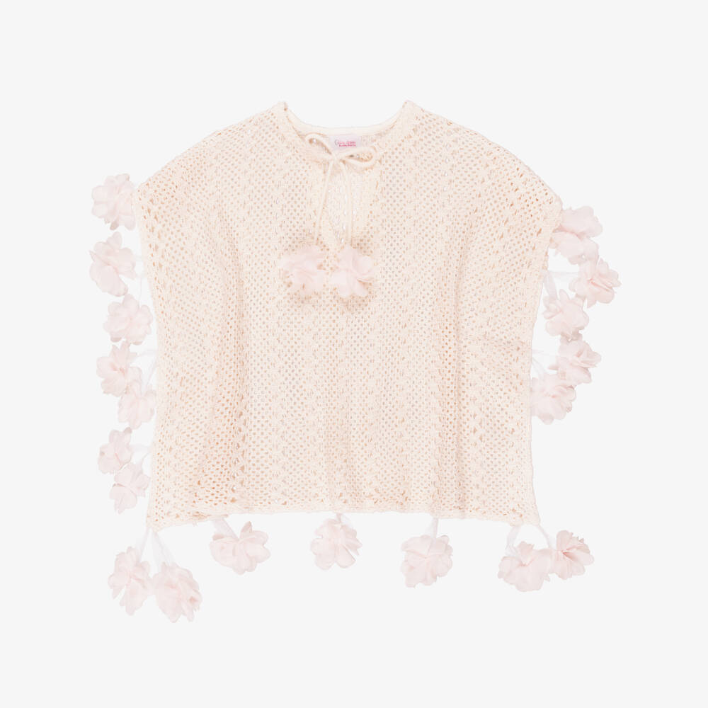 Selini Action-Girls Peach Pink Crochet Kaftan with Pink 3D Flowers | Childrensalon