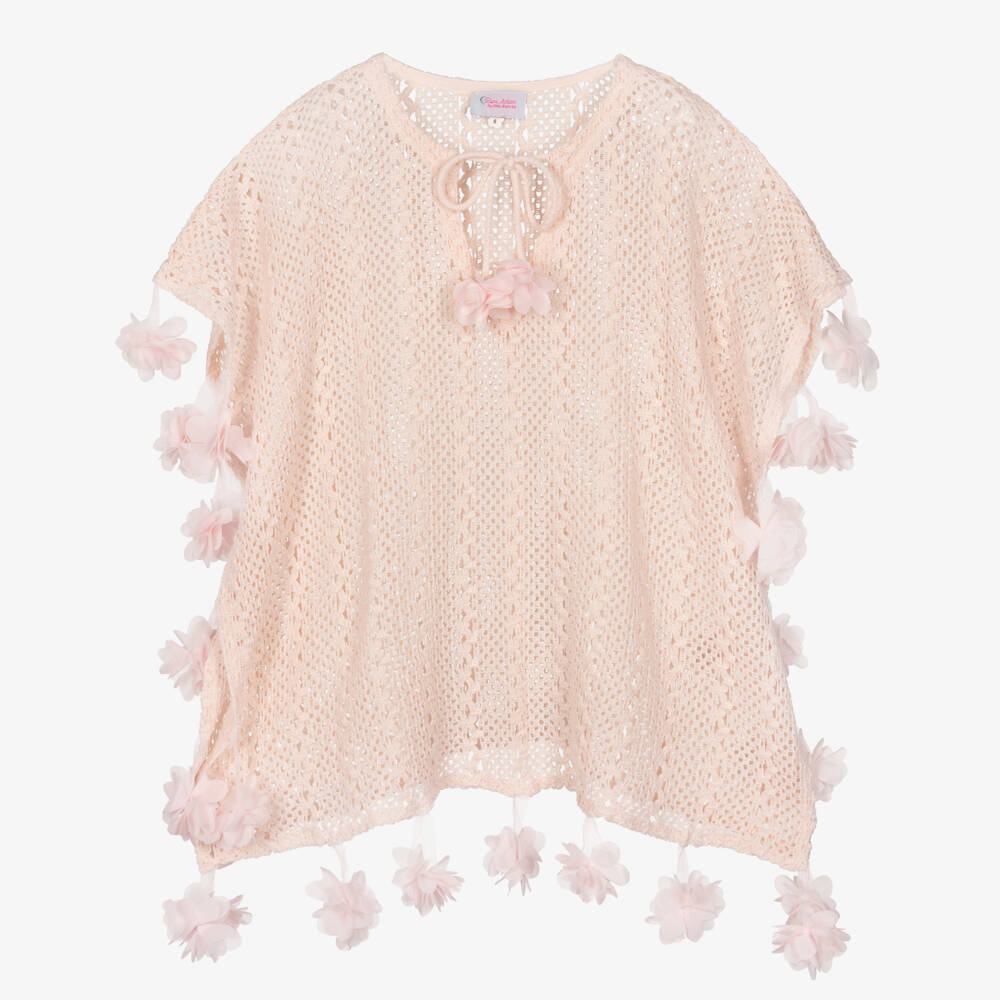 Selini Action-Girls Peach Pink Crochet Kaftan with Pink 3D Flowers | Childrensalon