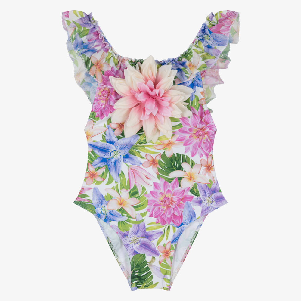 Selini Action-Girls Pink & Blue Floral Swimsuit with Ruffle Trim | Childrensalon