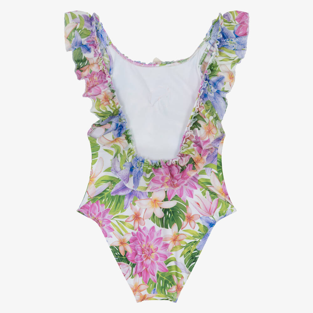 Selini Action-Girls Pink & Blue Floral Swimsuit with Ruffle Trim | Childrensalon