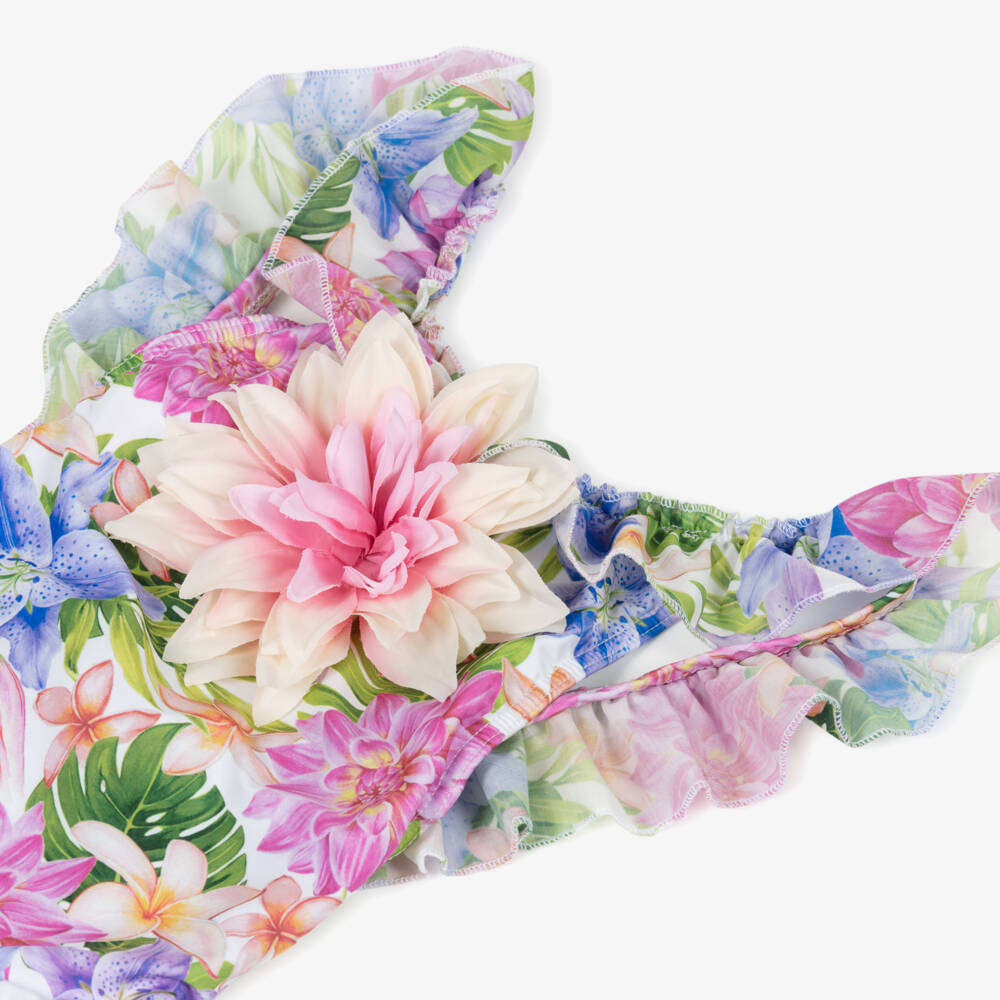 Selini Action-Girls Pink & Blue Floral Swimsuit with Ruffle Trim | Childrensalon