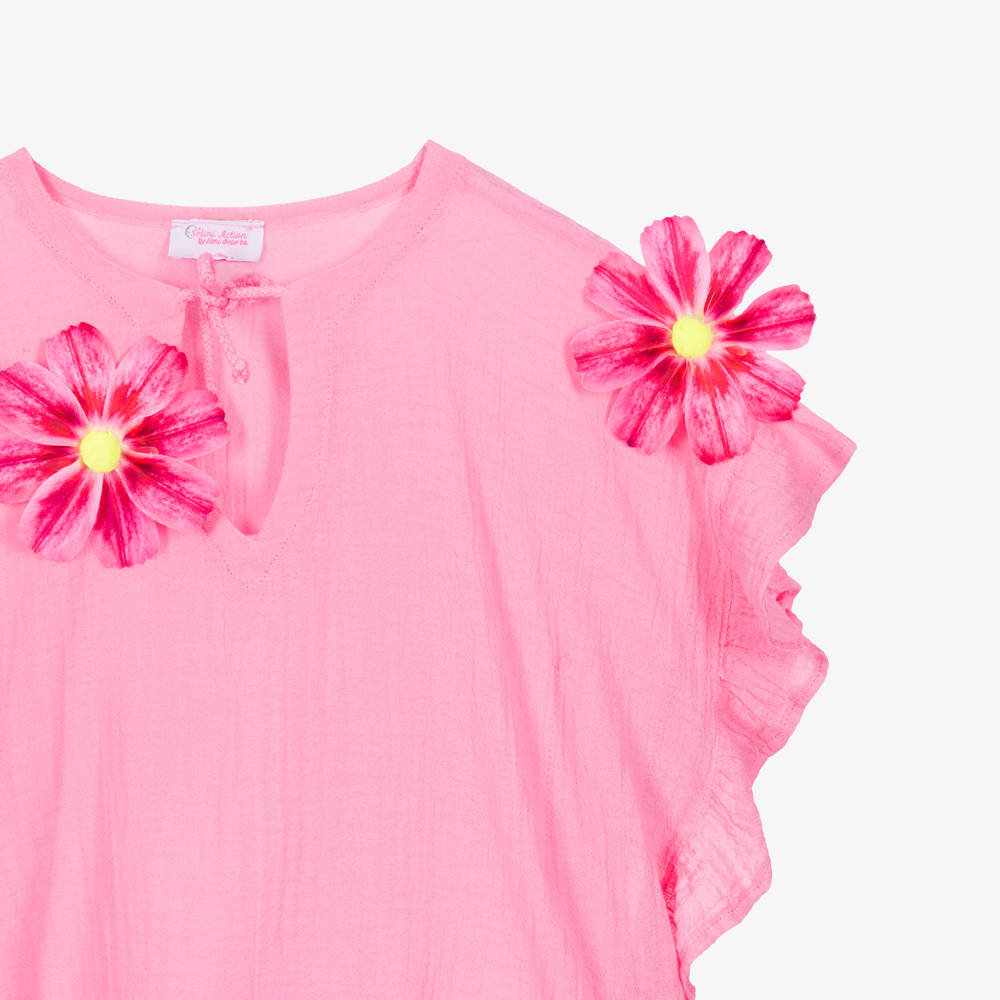 Selini Action-Girls Pink Cotton Beach Kaftan with Flowers | Childrensalon