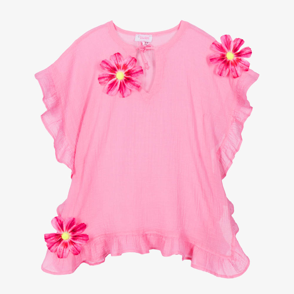 Selini Action-Girls Pink Cotton Beach Kaftan with Flowers | Childrensalon