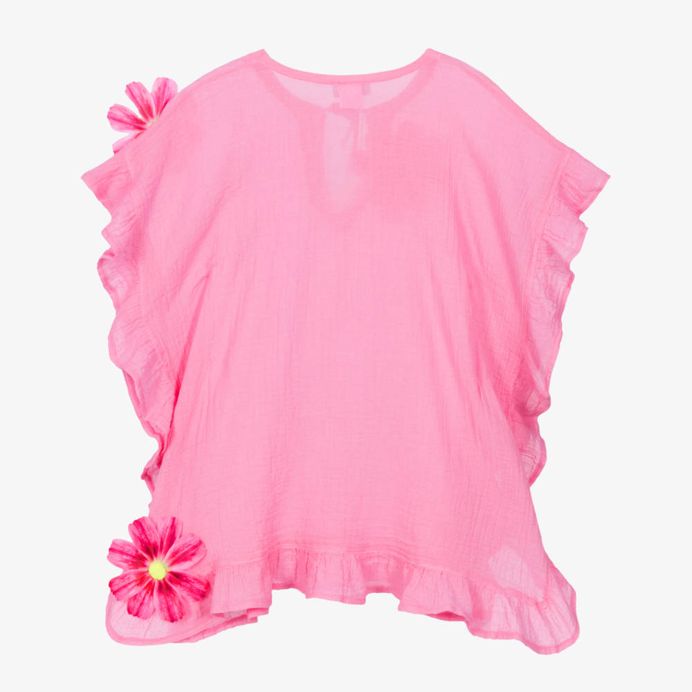 Selini Action-Girls Pink Cotton Beach Kaftan with Flowers | Childrensalon