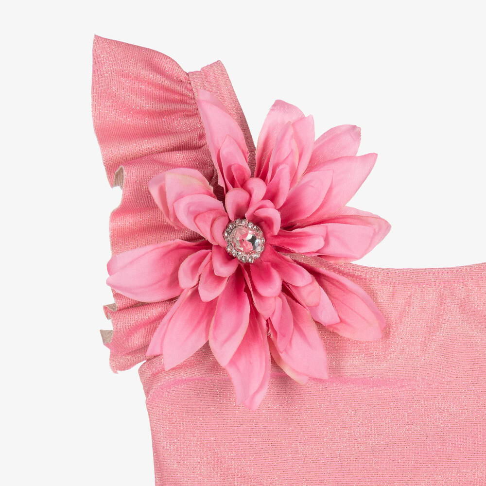 Selini Action-Girls Pink & Shimmery Gold Floral & Ruffle Swimsuit | Childrensalon