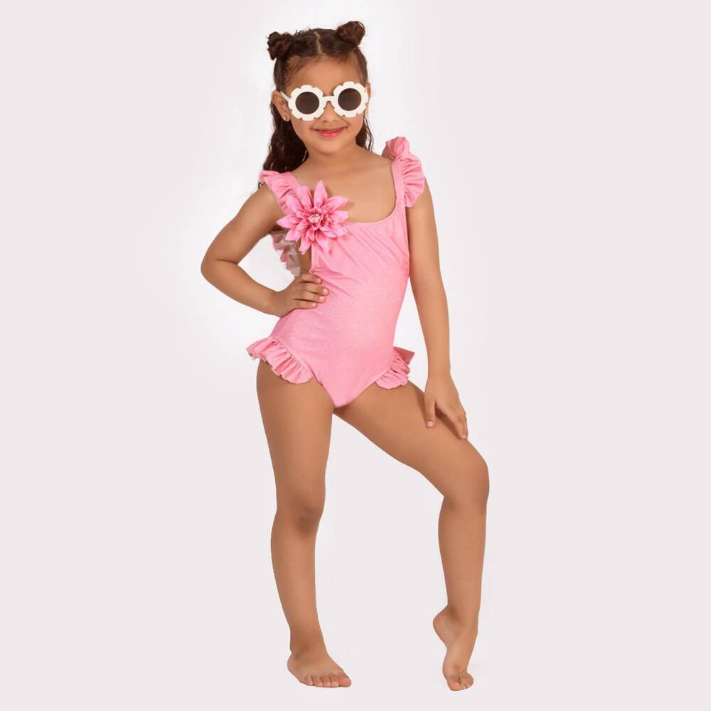 Selini Action-Girls Pink & Shimmery Gold Floral & Ruffle Swimsuit | Childrensalon