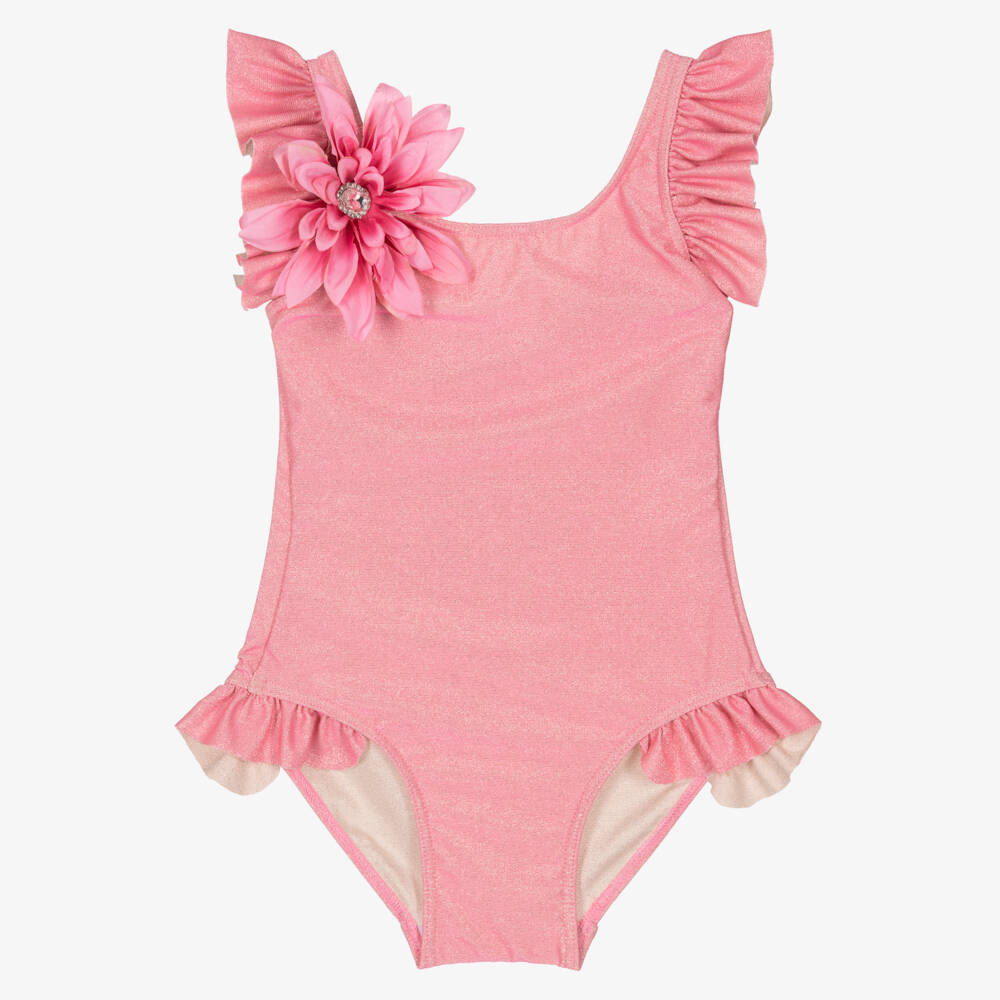 Selini Action-Girls Pink & Shimmery Gold Floral & Ruffle Swimsuit | Childrensalon