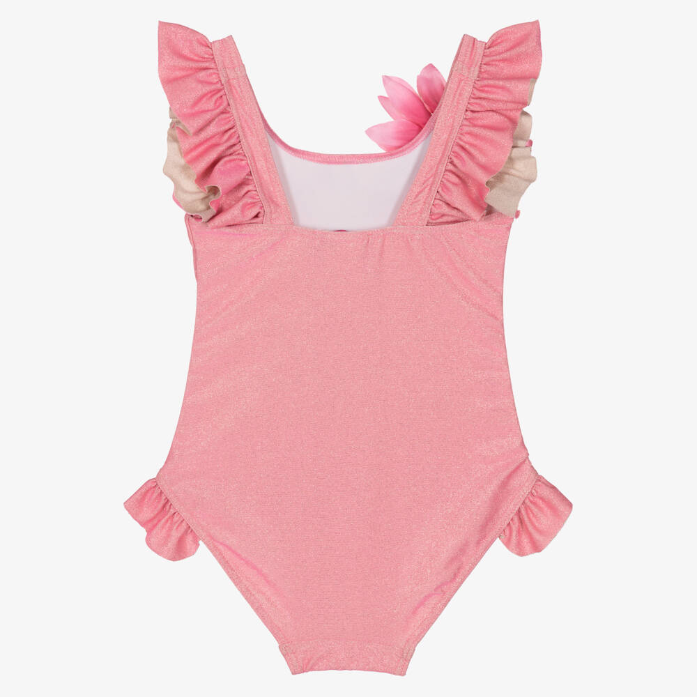 Selini Action-Girls Pink & Shimmery Gold Floral & Ruffle Swimsuit | Childrensalon