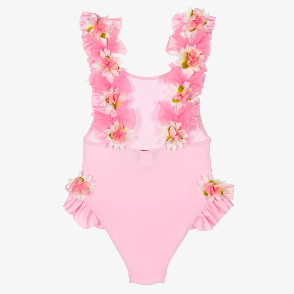 Selini Action-Girls Pink Swimsuit with Flowers & Tulle Bows | Childrensalon