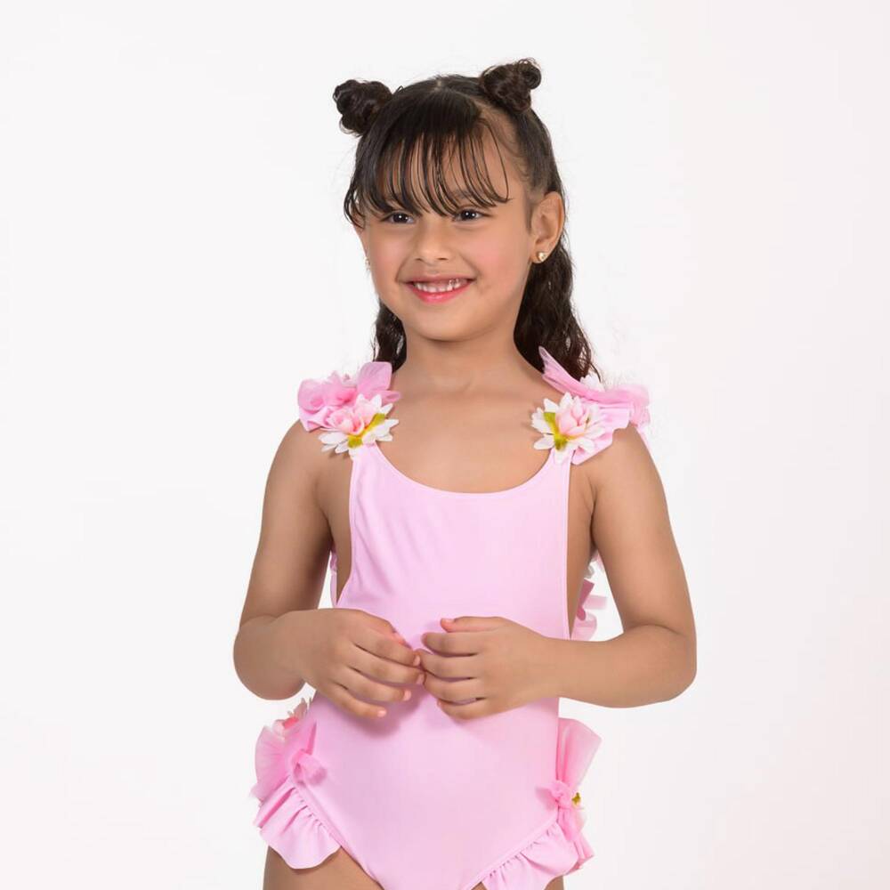 Selini Action-Girls Pink Swimsuit with Flowers & Tulle Bows | Childrensalon