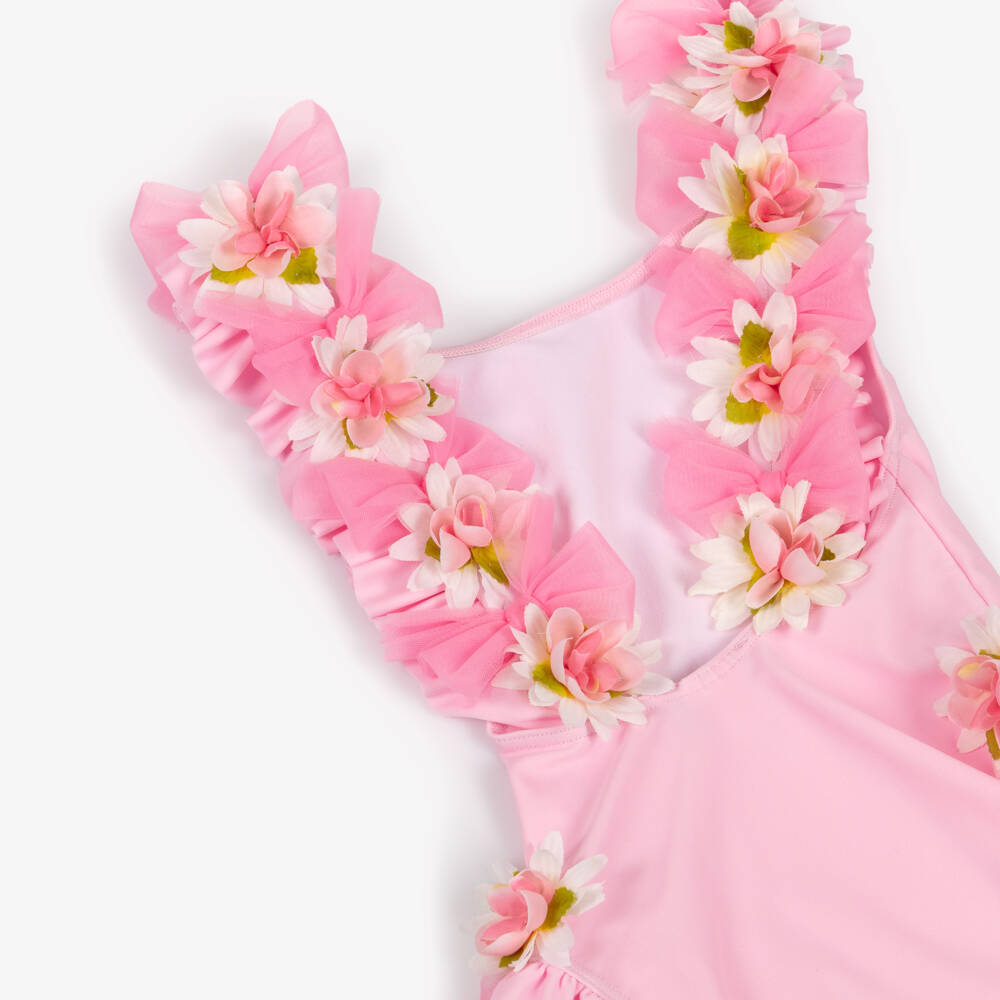 Selini Action-Girls Pink Swimsuit with Flowers & Tulle Bows | Childrensalon