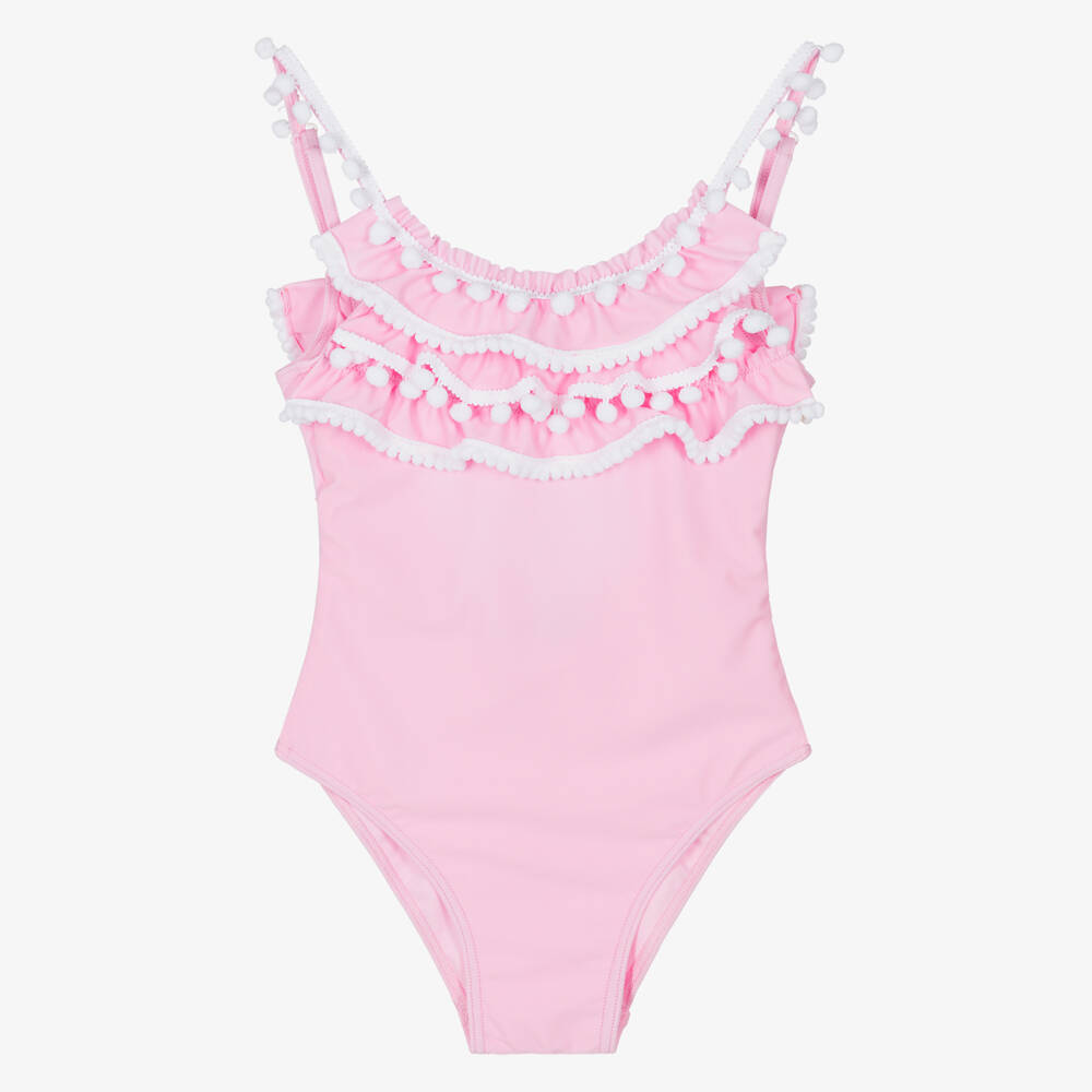 Selini Action-Girls Pink Swimsuit with White Pom-Pom Trims | Childrensalon