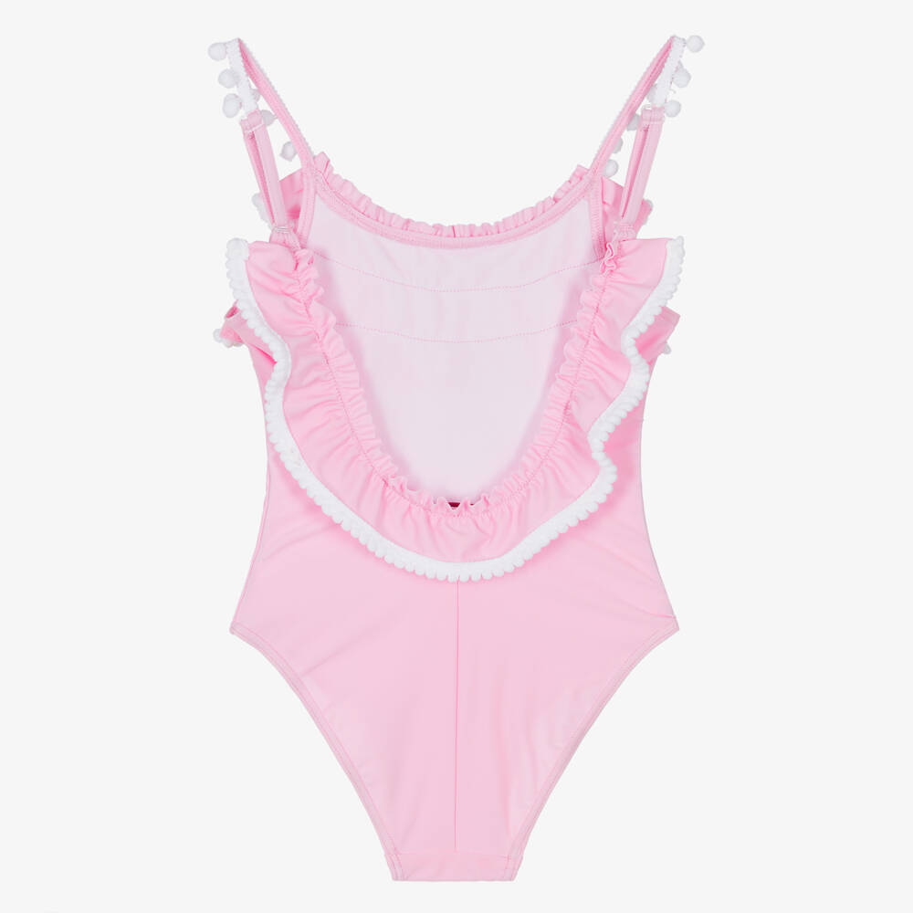 Selini Action-Girls Pink Swimsuit with White Pom-Pom Trims | Childrensalon