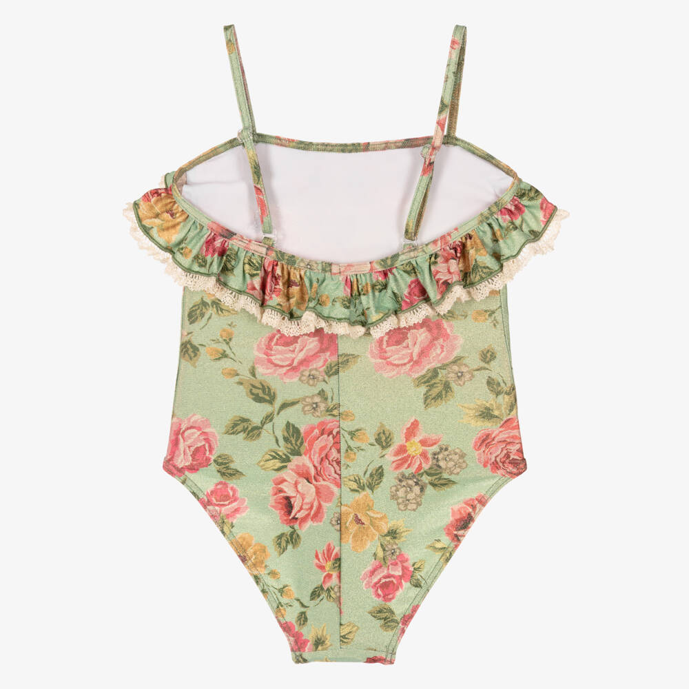 Selini Action-Girls Shimmering Green Floral Swimsuit with Ruffle Trim | Childrensalon