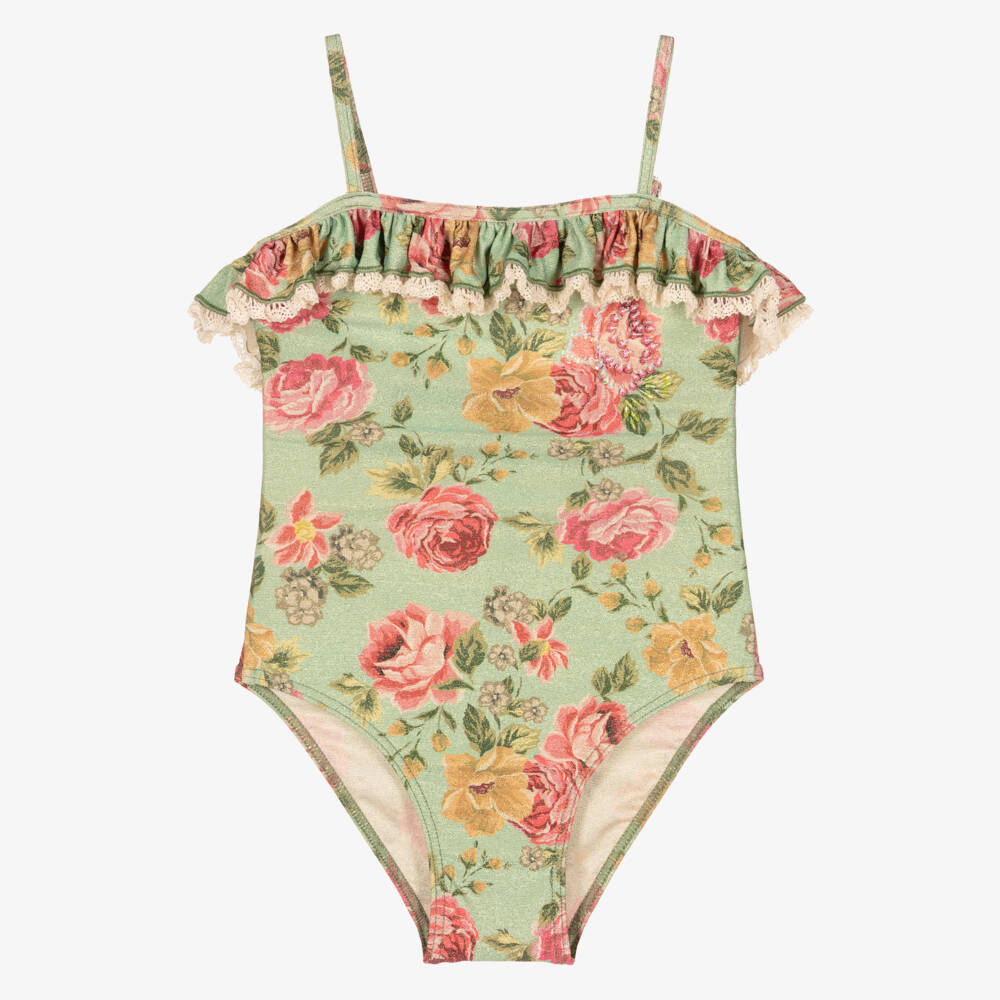 Selini Action-Girls Shimmering Green Floral Swimsuit with Ruffle Trim | Childrensalon