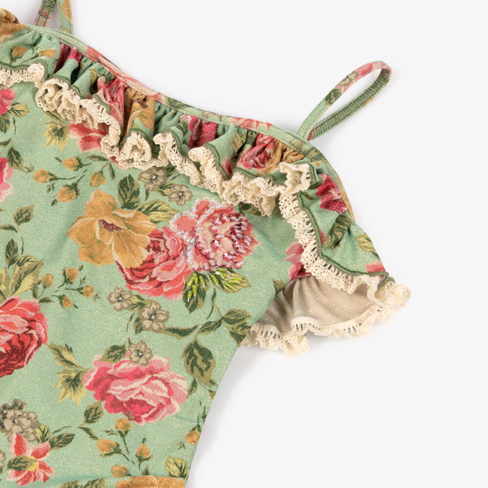 Selini Action-Girls Shimmering Green Floral Swimsuit with Ruffle Trim | Childrensalon