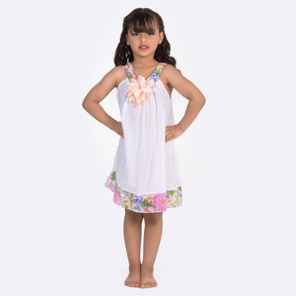 Selini Action-Girls White Cotton Beach Dress with Floral Trim | Childrensalon