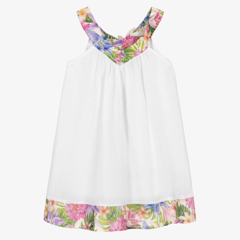 Selini Action-Пляжное платье белое хлопковое с цветочной отделкой для девочек | Childrensalon
