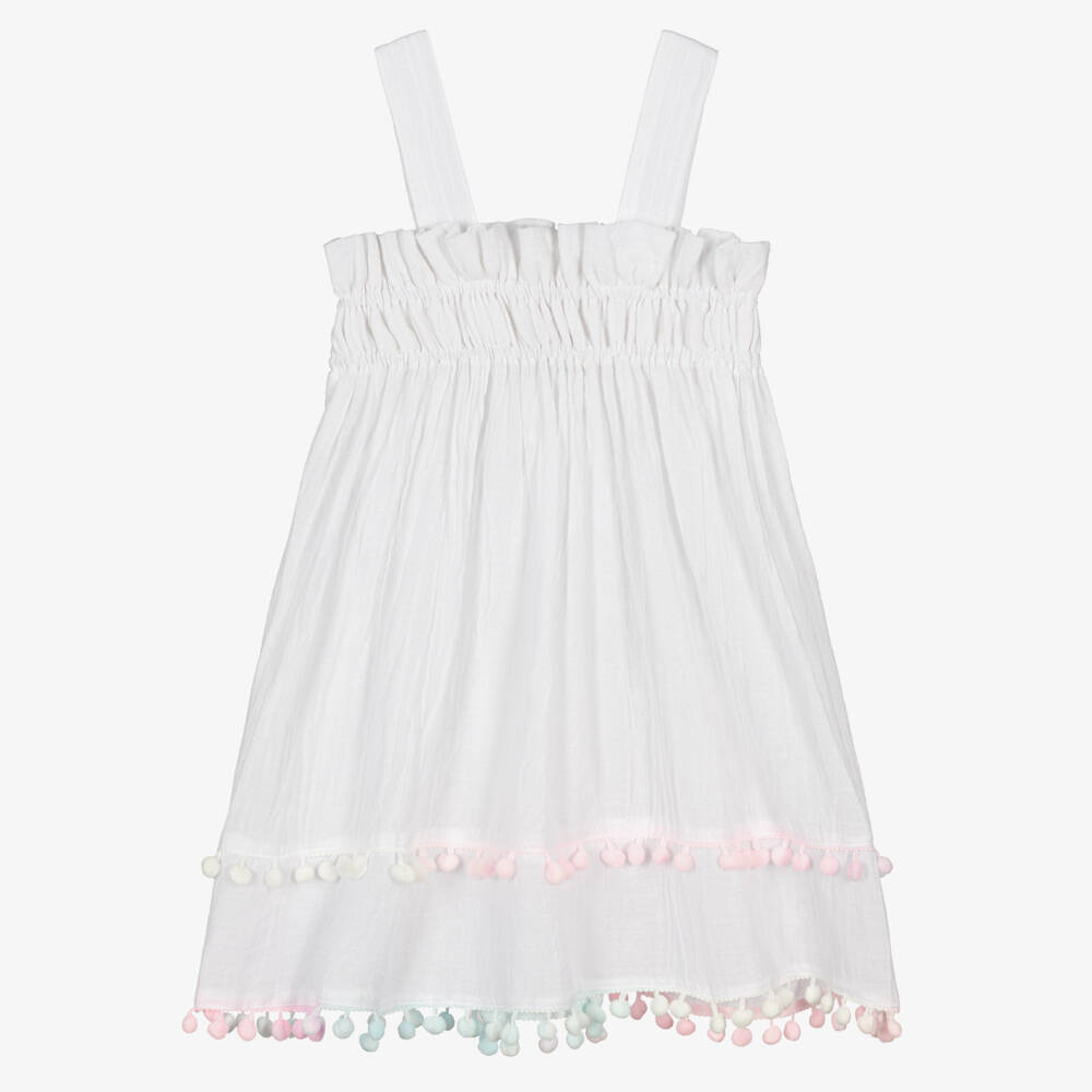 Selini Action-فستان قطن للشاطئ مزين ببوم بوم لون أبيض للبنات | Childrensalon