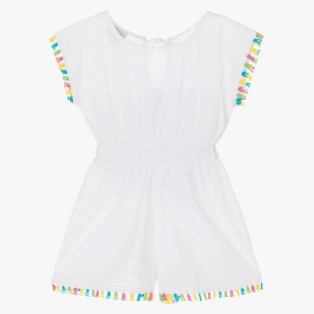 Selini Action-Girls White Cotton Beach Playsuit with Tassel Trims | Childrensalon