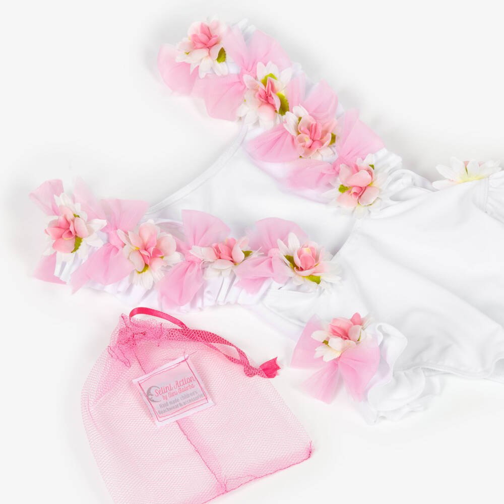Selini Action-Girls White Swimsuit with Flowers & Tulle Bows | Childrensalon