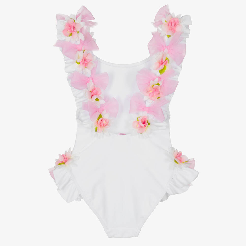 Selini Action-Girls White Swimsuit with Flowers & Tulle Bows | Childrensalon