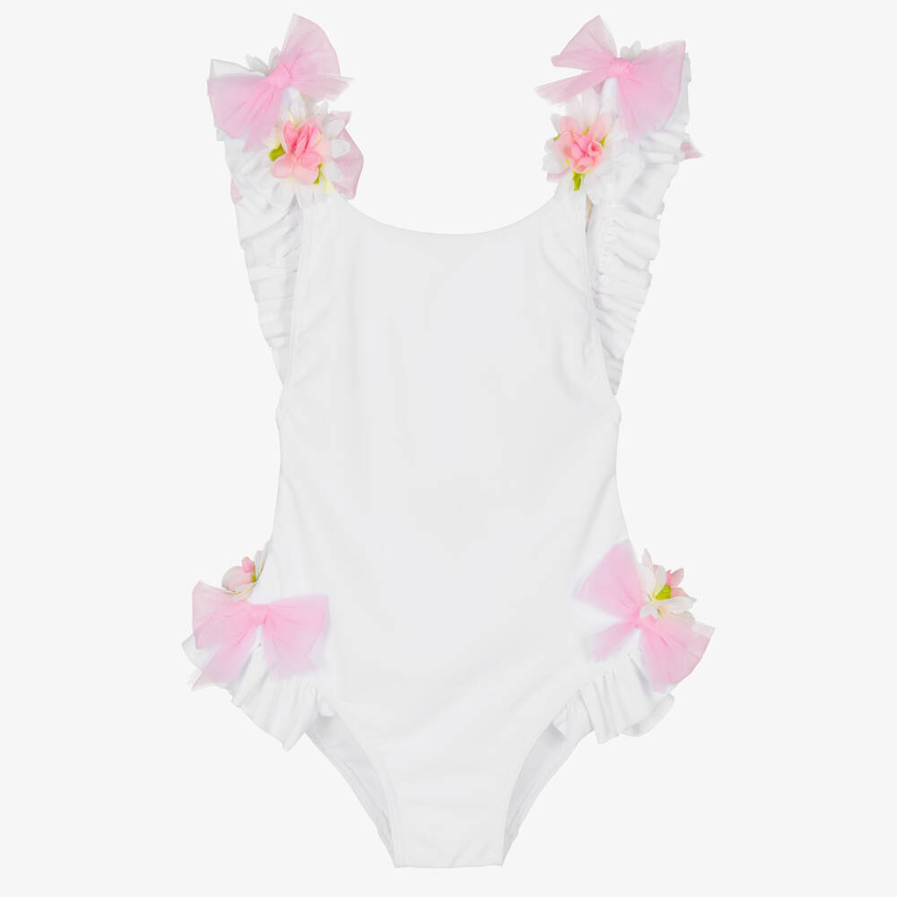 Selini Action-Girls White Swimsuit with Pink Flowers & Tulle Bows | Childrensalon