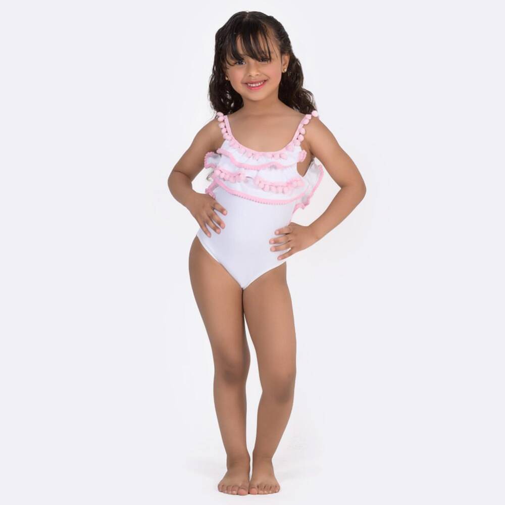 Selini Action-Girls White Swimsuit with Pink Pom-Pom Trims | Childrensalon