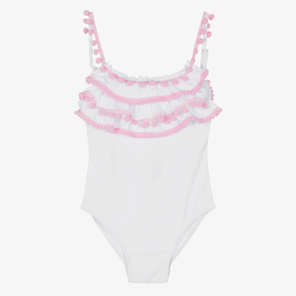 Selini Action-Girls White Swimsuit with Pink Pom-Pom Trims | Childrensalon