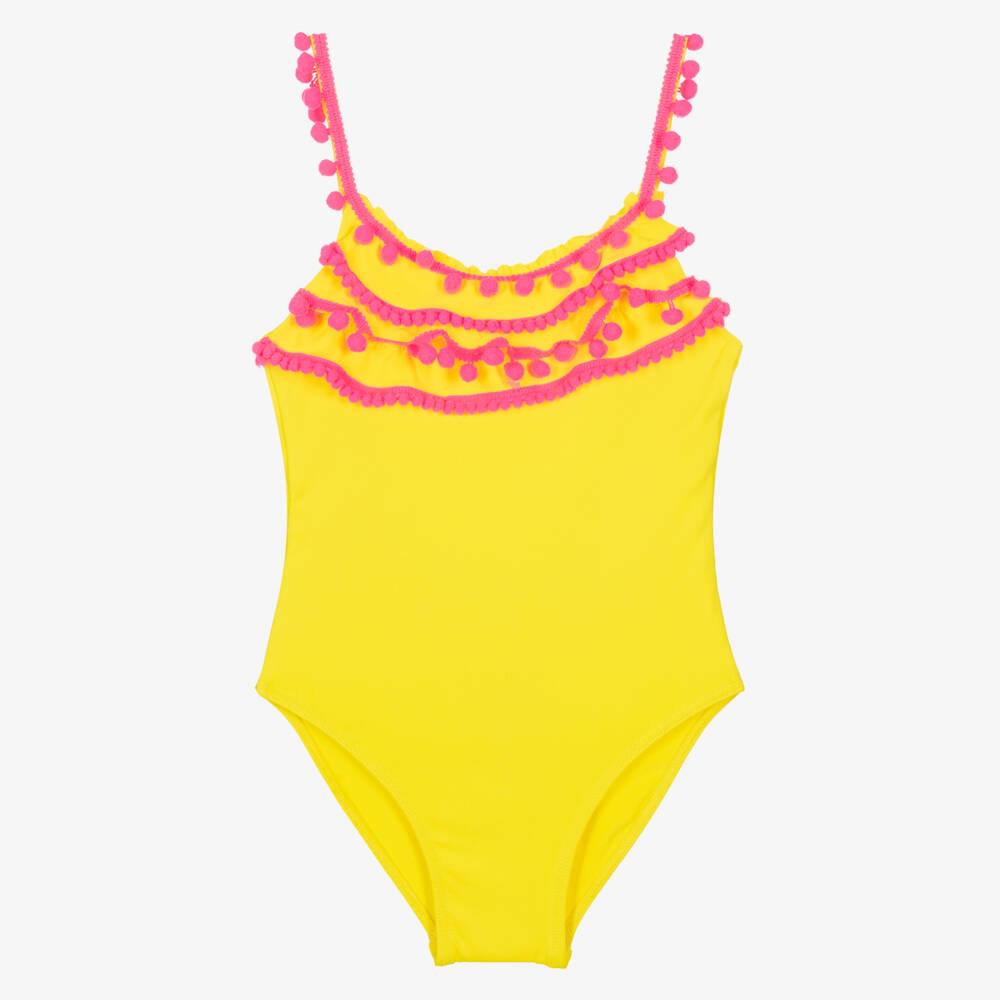Selini Action-Girls Yellow Swimsuit with Pink Pom-Pom Trims | Childrensalon