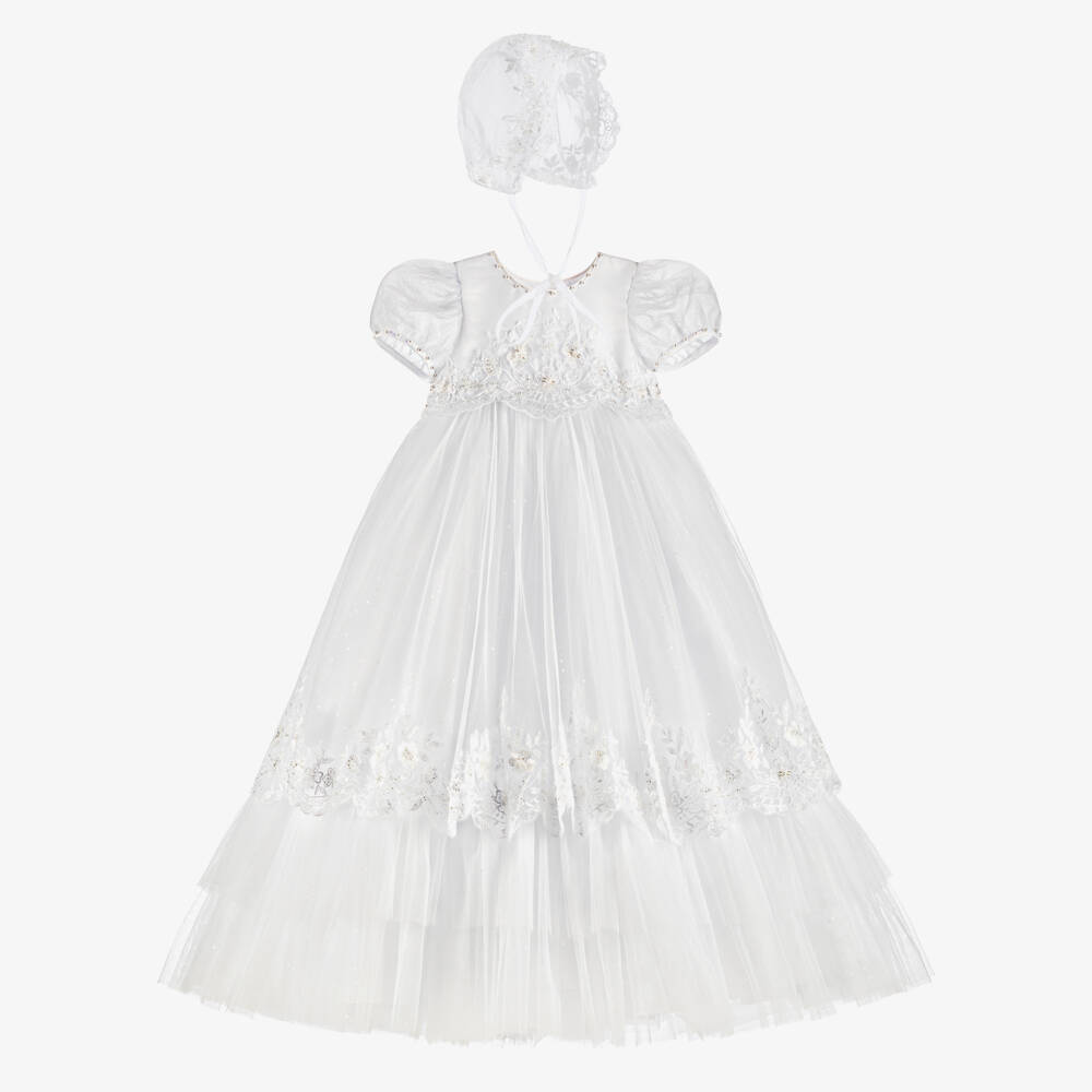 Sevva-Baby Girl White Embroidered Ceremony Gown & Bonnet | Childrensalon