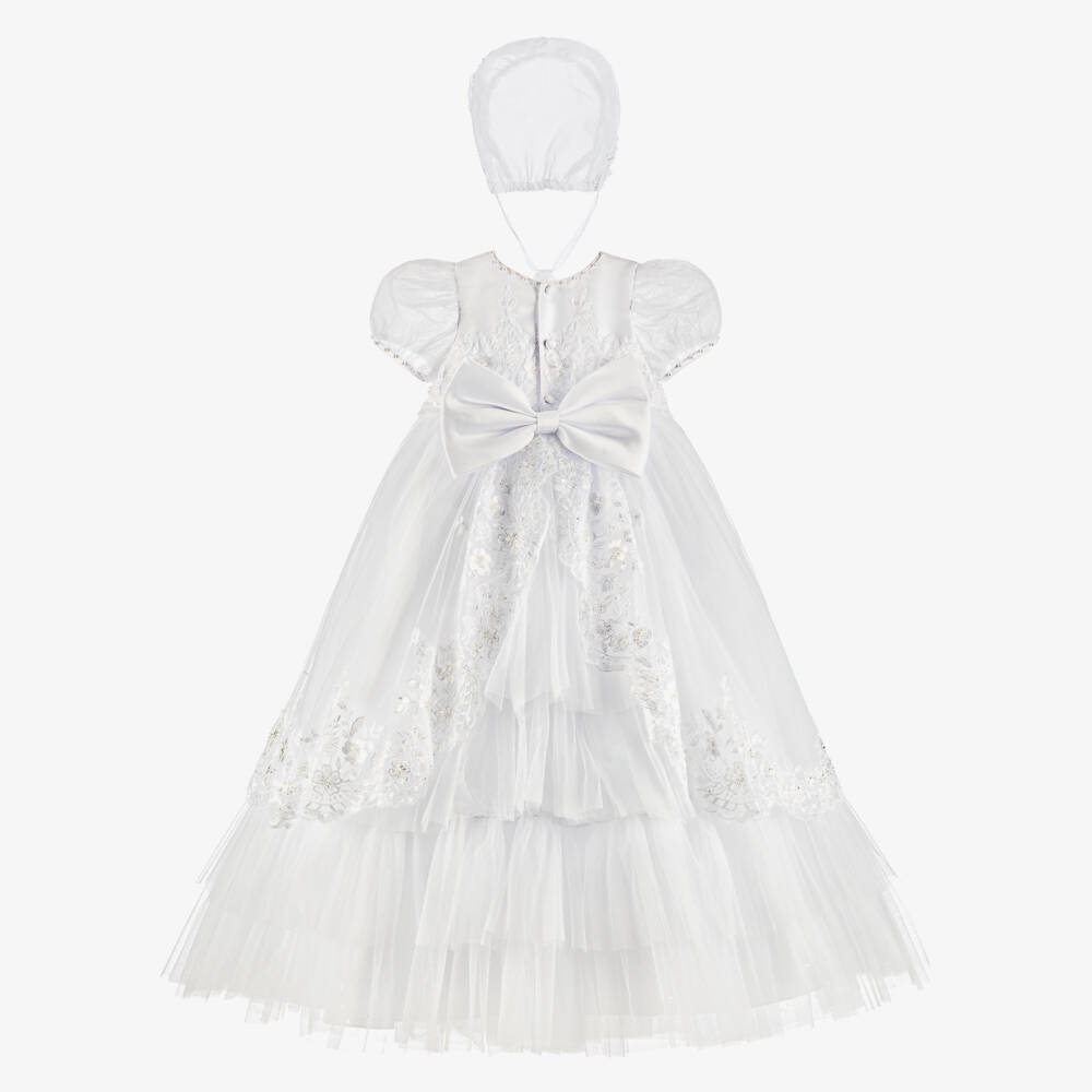 Sevva-فستان مناسبات مطرز مع قبعة بونيه لون أبيض للبنات الرضع | Childrensalon