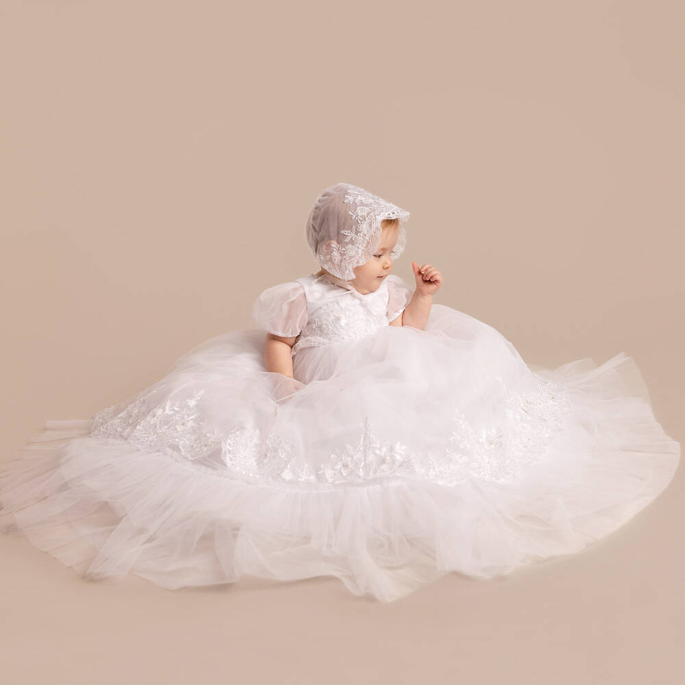Sevva-Baby Girl White Embroidered Ceremony Gown & Bonnet | Childrensalon