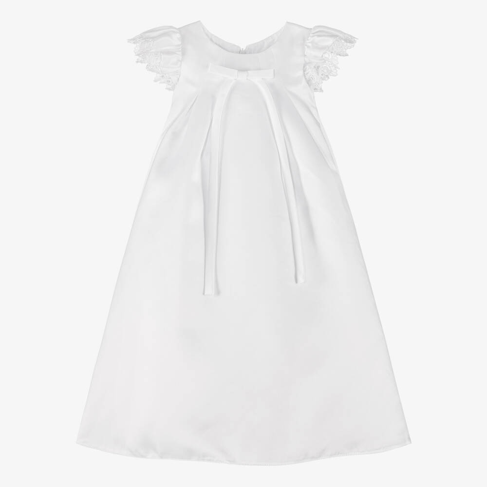 Sevva-Baby Girls White Satin Ceremony Gown with Bow & Lace Trim | Childrensalon